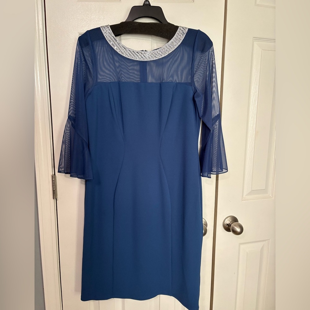 Alex Evenings Blue Dress w/ Rhinestones & Sheer Sleeves